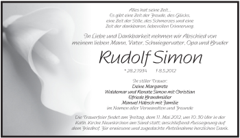 Traueranzeige von Rudolf Simon von Pegnitz-Zeitung